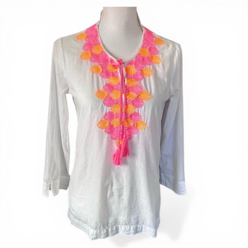 Lilly Pulitzer XS Cotton Tunic Top Embroidered Neon Pink Orange Tassel Boho
